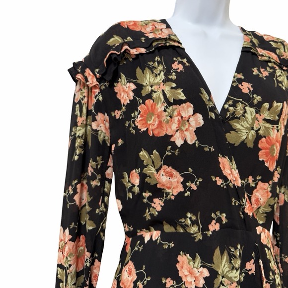 Reformation Elodie Floral Ruffle Faux Wrap Mini Dress Size 0 Black Dark Cottage - Picture 6 of 9